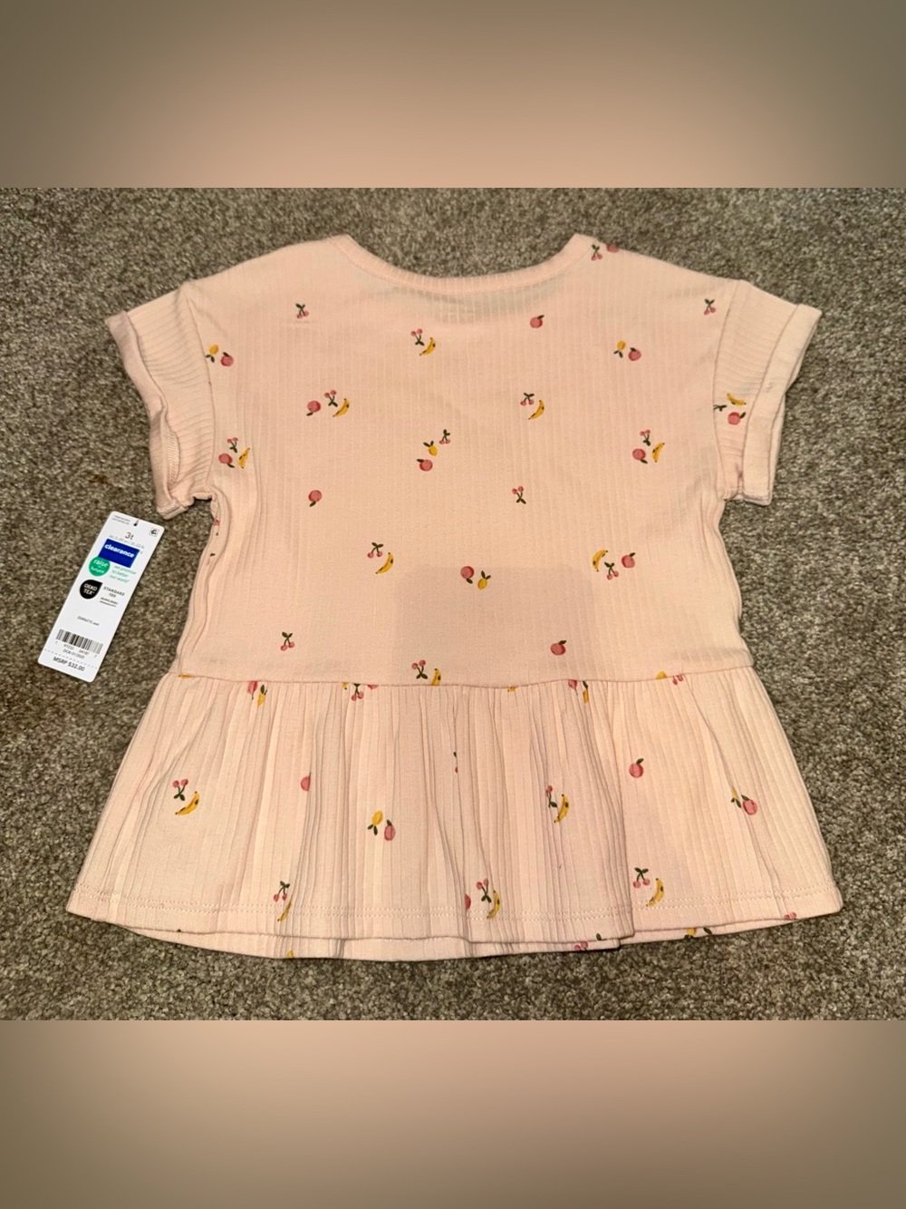 NWT- Carter’s Girls Pink Fruit Print Ribbed Peplum Top & Shorts Set | Size: 3T - Picture 4 of 8